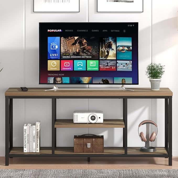 FOLUBAN TV Stand for TV up to 65 inch, Rustic Wood and Metal Entertainment Center with Storage Shelves, Modern Industrial Media TV Console Table for Living Room, Oak 55 inch - LeafyLoom
