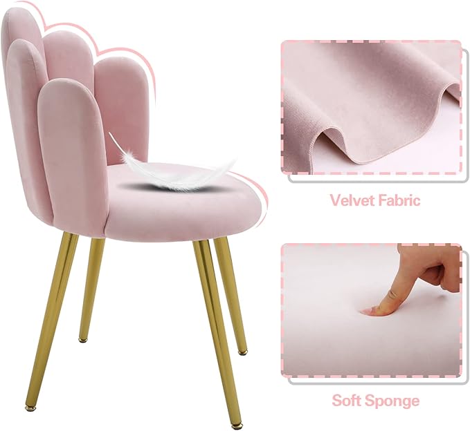 Vanity Chair for Makeup Room - Midcentury Modern Accent Velvet Chair with Back Support, Gold Legs for Living Room Bedroom, (Pink) - LeafyLoom