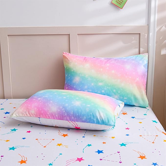 A Nice Night 6Pcs Gradient Glitter Bedding Set for Girls Full Size, Colorful Rainbow Galaxy Comforter Set, Ultra Soft Bedding Sets, Pink - LeafyLoom