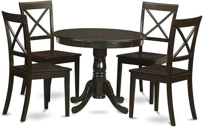 East West Furniture ANBO5-CAP-W Antique 5 Piece Kitchen Set for 4 Includes a Round Dining Room Table with Pedestal and 4 Solid Wood Seat Chairs, 36x36 Inch - LeafyLoom