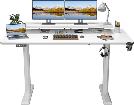 Electric Standing Desk with Monitor Shelf, 63 x 27 Inches Height Adjustable Corner Table, Computer Workstation with Cup Holder and Hook for Home Office, White, 63x27 Inch - LeafyLoom
