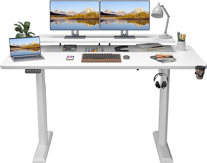 Electric Standing Desk with Monitor Shelf, 63 x 27 Inches Height Adjustable Corner Table, Computer Workstation with Cup Holder and Hook for Home Office, White, 63x27 Inch - LeafyLoom