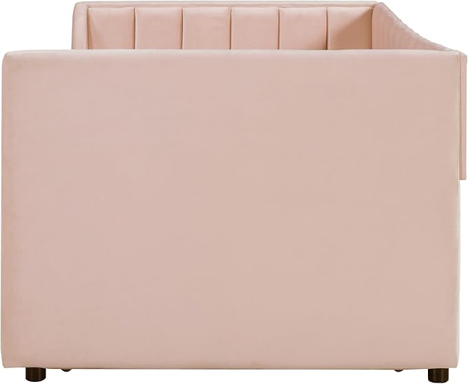 Twin Size Upholstered Velvet Daybed with Trundle,Wood Bed Frame w/ 2 Armrests,Slat Support,No Box Spring Needed,for Small Living Spaces and Accommodating Guests,Pink - LeafyLoom