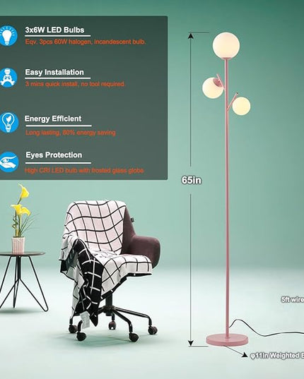 3 Globe Mid Modern Floor Lamp with Orb Frosted Glass Globe and 3000K Warm Light LED Bulbs, Cute Standing Tree Lamp for Living Room, Bedroom, Home & Office - Pink - LeafyLoom