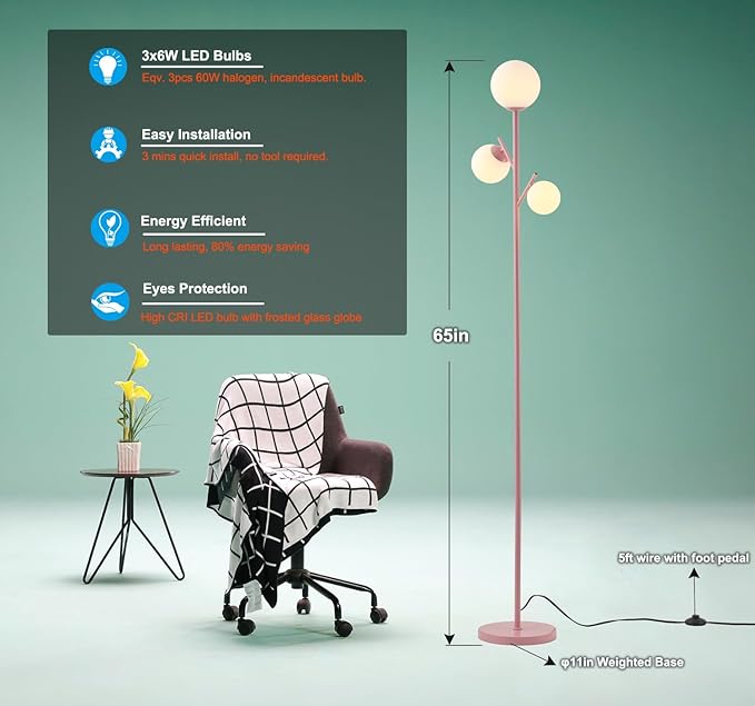 3 Globe Mid Modern Floor Lamp with Orb Frosted Glass Globe and 3000K Warm Light LED Bulbs, Cute Standing Tree Lamp for Living Room, Bedroom, Home & Office - Pink - LeafyLoom