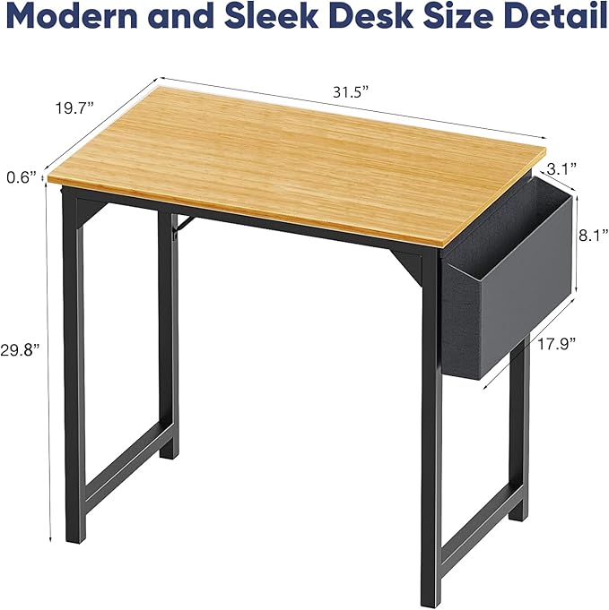 STATESVILLE 32 inch Small Computer Desk Writing Study Work Office Table Modern Simple with Storage Bag and Hook for Home Bedroom, Natural - LeafyLoom