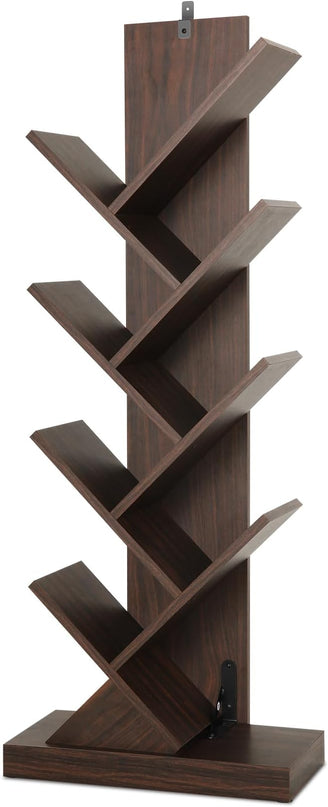 8 Tier Tree Bookshelf, 8 Shelf Open Book Case, Sturdy Tree Bookcase, Narrow Book Organizer Shelves for Bedroom, Living Room, Home Office, Dark Brown, w/Wall Anchor, 15.9"x8.1"x47.6" - LeafyLoom