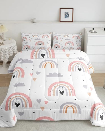 Rainbow Queen Bedding Sets For Girls, Kawaii Cloud Comforter Set 3 Pieces With 2 Pillow Cases, Pink Love Heart Down Comforter For Kids Boys Women Adult, Hand Drawn Cartoon Rainbow Duvet Insert - LeafyLoom