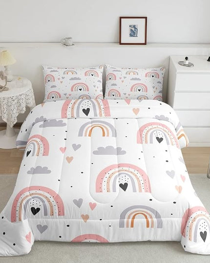 Rainbow Twin Bedding Sets For Girls, Kawaii Cloud Comforter Set 2 Pieces With 1 Pillow Case, Pink Love Heart Down Comforter For Kids Boys Women Adult, Hand Drawn Cartoon Rainbow Duvet Insert - LeafyLoom
