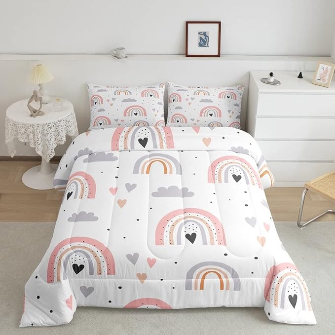Rainbow Twin Bedding Sets For Girls, Kawaii Cloud Comforter Set 2 Pieces With 1 Pillow Case, Pink Love Heart Down Comforter For Kids Boys Women Adult, Hand Drawn Cartoon Rainbow Duvet Insert - LeafyLoom