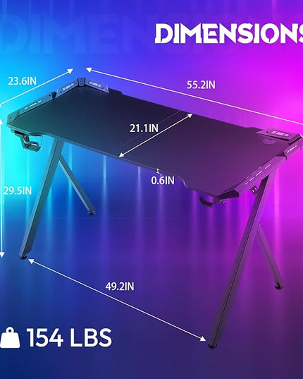 Dowinx Gaming Desk with LED Lights, RGB Gaming Computer Table with Carbon Fibre Surface, LED Home Office Desk with Remote Control, Pc Workstation with Cup Holder and Headphone Hook, 55 Inch, Black - LeafyLoom