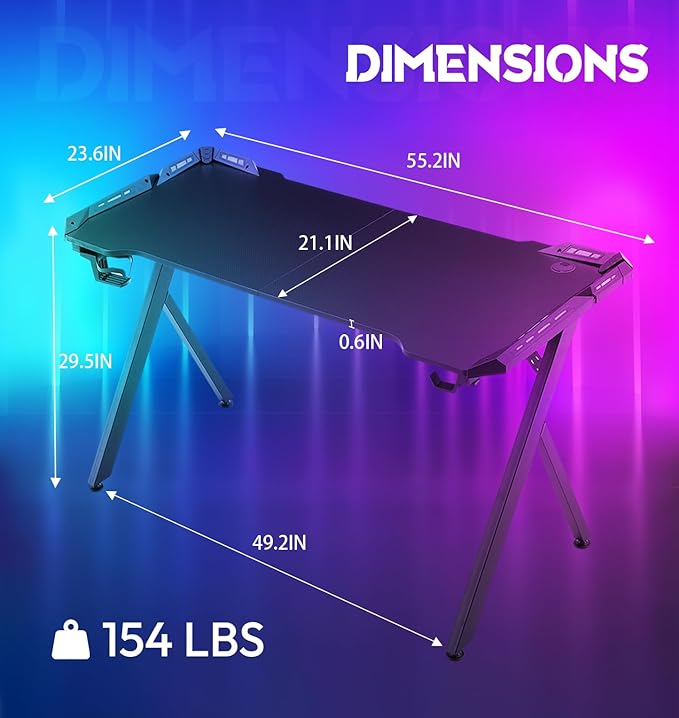 Dowinx Gaming Desk with LED Lights, RGB Gaming Computer Table with Carbon Fibre Surface, LED Home Office Desk with Remote Control, Pc Workstation with Cup Holder and Headphone Hook, 55 Inch, Black - LeafyLoom