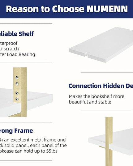 NUMENN 5 Tier Book Shelf, Industrial Ladder Shelf, Open Space Wall Mount Bookshelf with Metal Frame, Sturdy Book Shelves, Bookcase for Living Room, Home Office Shelf, White/Gold - LeafyLoom