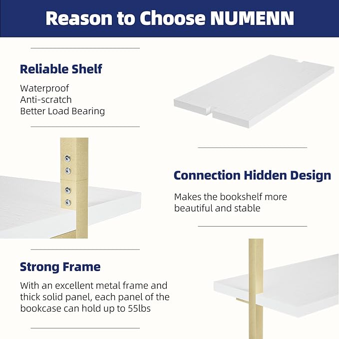 NUMENN 5 Tier Book Shelf, Industrial Ladder Shelf, Open Space Wall Mount Bookshelf with Metal Frame, Sturdy Book Shelves, Bookcase for Living Room, Home Office Shelf, White/Gold - LeafyLoom