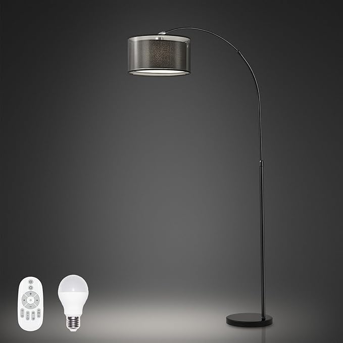 73" H Arc Floor Lamp with Remote Control, E26 40Watts LED Bulb, Stepless Color Temperature & Brightness Control, 30/60Mins Timer Function, Adjustable Height & Width for Living Room(Black) - LeafyLoom