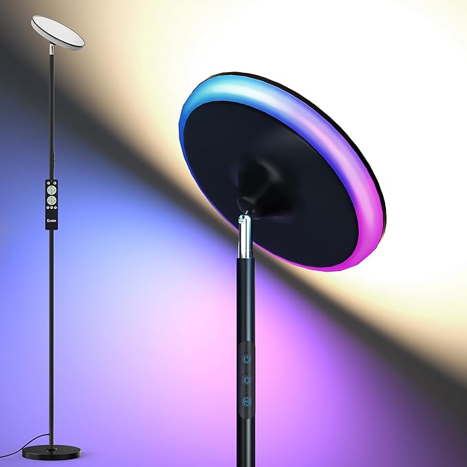UFO Torchiere Floor Lamps,42W 3700LM Bright Torchiere Sky Modern LED Lamps,Tall Standing Pole Light with Remote,5 Color Dimmable,85% Energy Saving,Memory & Timer,for Living Room,Bedroom(Black) - LeafyLoom