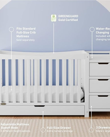 Graco Remi 4-In-1 Convertible Crib & Changer With Drawer (White) – GREENGUARD Gold Certified, Crib And Changing-Table Combo, Includes Changing Pad, Converts To Toddler Bed, Full-Size Bed - LeafyLoom