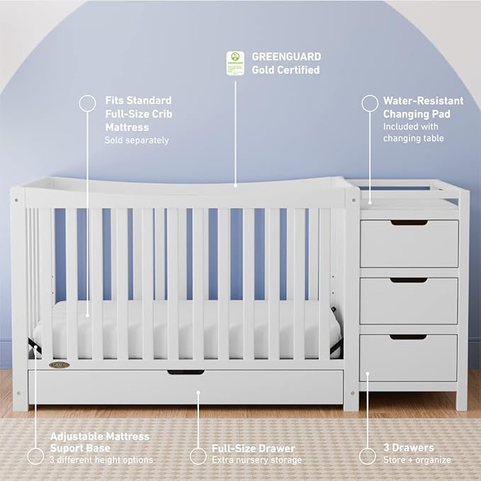 Graco Remi 4-In-1 Convertible Crib & Changer With Drawer (White) – GREENGUARD Gold Certified, Crib And Changing-Table Combo, Includes Changing Pad, Converts To Toddler Bed, Full-Size Bed - LeafyLoom