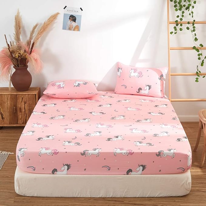 UOZZI BEDDING Bed in a Bag 7 Pieces King Size Unicorn Pink with Rainbow Star - Soft Microfiber, Reversible Bed Comforter Set (1 Comforter, 2 Pillow Shams, 1 Flat Sheet, 1 Fitted Sheet, 2 Pillowcases) - LeafyLoom