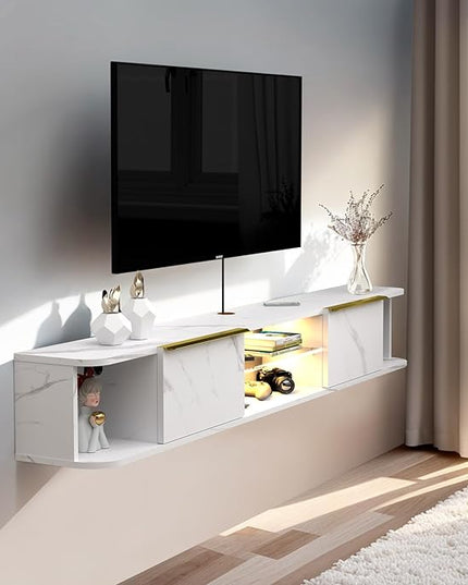 Pmnianhua LED Floating TV Stand with 2 Drawers,78'' Floating TV Shelf with LED Lights,Wall Mounted Media Console,Floating Entertainment Center with Storage for Bedroom Playroom Living Room(White) - LeafyLoom