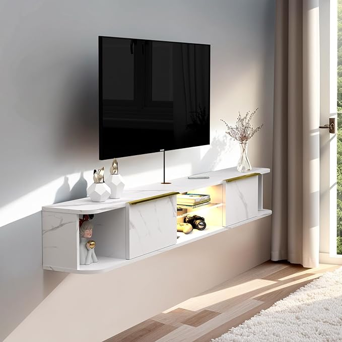Pmnianhua LED Floating TV Stand with 2 Drawers,78'' Floating TV Shelf with LED Lights,Wall Mounted Media Console,Floating Entertainment Center with Storage for Bedroom Playroom Living Room(White) - LeafyLoom