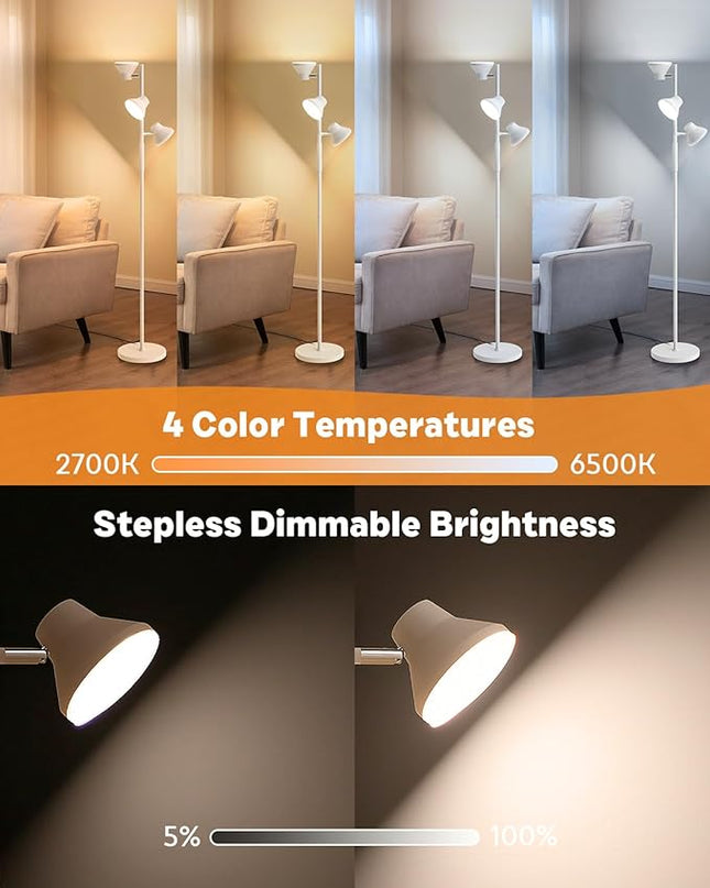 White Floor Lamp, 36W Modern Dimmable Standing Lamp 2700-6500K, 3 Rotatable LED Lights Reading Tall Lamp, Touch & Remote Control Floor Lamps for Living Room Bedroom Office - LeafyLoom