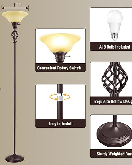 Victorian Floor Lamp, Standing Lamp with Glass Bowl Shade, Torchiere Floor Lamp with Metal Body & Heavy Base, 72-Inch Floor Lamp Decor for Living Room Bedroom Den Office (Bulb Included) - LeafyLoom
