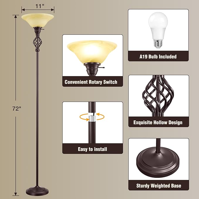 Victorian Floor Lamp, Standing Lamp with Glass Bowl Shade, Torchiere Floor Lamp with Metal Body & Heavy Base, 72-Inch Floor Lamp Decor for Living Room Bedroom Den Office (Bulb Included) - LeafyLoom