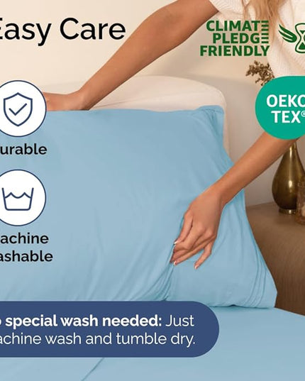 Queen Size 4 Piece Sheet Set - Comfy Breathable & Cooling Sheets - Hotel Luxury Bed Sheets for Women & Men - Deep Pockets, Easy-Fit, Soft & Wrinkle Free Sheets - Light Blue Oeko-Tex Bed Sheet Set - LeafyLoom