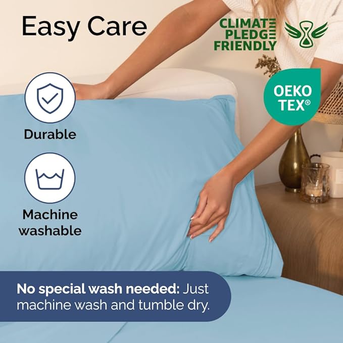 Queen Size 4 Piece Sheet Set - Comfy Breathable & Cooling Sheets - Hotel Luxury Bed Sheets for Women & Men - Deep Pockets, Easy-Fit, Soft & Wrinkle Free Sheets - Light Blue Oeko-Tex Bed Sheet Set - LeafyLoom