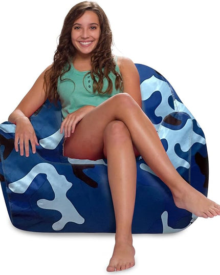 Posh Creations Structured Comfy Bean Bag Chair for Gaming, Reading and Watching TV, Malibu Lounge, Nylon - Camo Blue and Light Blue - LeafyLoom