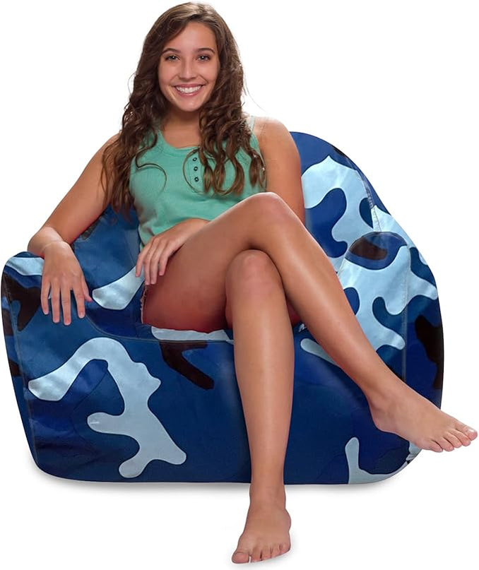 Posh Creations Structured Comfy Bean Bag Chair for Gaming, Reading and Watching TV, Malibu Lounge, Nylon - Camo Blue and Light Blue - LeafyLoom
