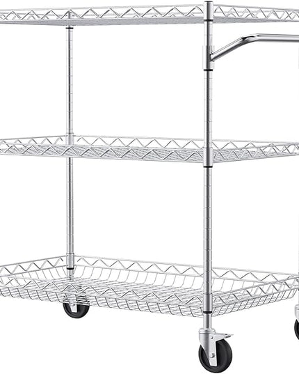 VEVOR Kitchen Utility Cart, 3 Tiers, Wire Rolling Cart with 661 LBS Capacity, Steel Service Cart on Wheels, Metal Storage Trolley with 80 mm Deep Basket Curved Handle 6 Hooks, NSF Listed - LeafyLoom