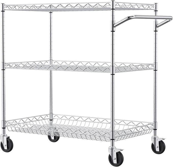 VEVOR Kitchen Utility Cart, 3 Tiers, Wire Rolling Cart with 661 LBS Capacity, Steel Service Cart on Wheels, Metal Storage Trolley with 80 mm Deep Basket Curved Handle 6 Hooks, NSF Listed - LeafyLoom