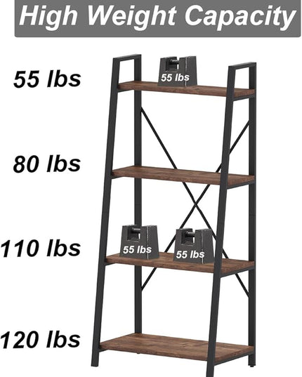 BON AUGURE Industrial Ladder Shelf Bookcase, 4 Tier Rustic Ladder Bookshelf, Standing Leaning Book Shelves for Living Room (Rustic Oak) - LeafyLoom
