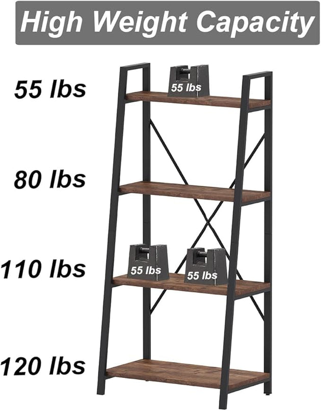 BON AUGURE Industrial Ladder Shelf Bookcase, 4 Tier Rustic Ladder Bookshelf, Standing Leaning Book Shelves for Living Room (Rustic Oak) - LeafyLoom