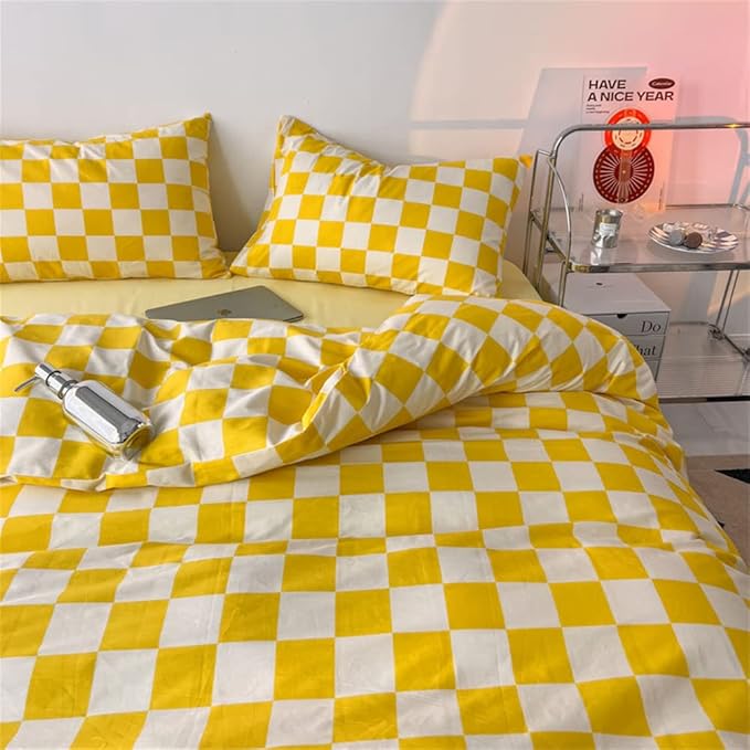 Wellboo Yellow and White Comforter Sets King Women Men Bright Yellow Checkerboard Grid Bedding Comforters Cotton Boys Girls Modern Light Yellow Checkered Geometric Quilts Luxury Elegant Yellow Bed - LeafyLoom
