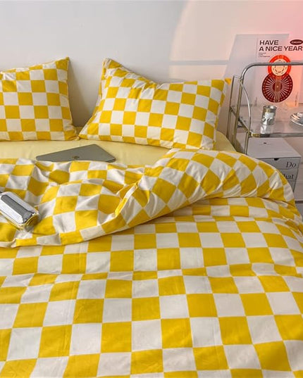 Wellboo Yellow and White Comforter Sets California King Women Men Bright Yellow Checkerboard Grid Bedding Comforters Cotton Modern Yellow Checkered Geometric Quilts Cal King Luxury Elegant Yellow Bed - LeafyLoom