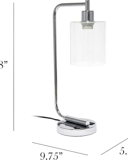 Simple Designs LD1066-CHR-LB Industrial Vintage Bronson Iron Lantern Desk Table Lamp with USB Port and Glass Cylinder Shade for Office, Living Room, Bedroom, Chrome, with Feit LED Bulb Included - LeafyLoom
