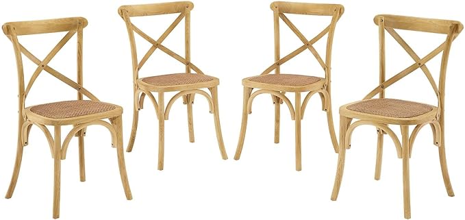 Modway Gear Rustic Modern Farmhouse Elm Wood Rattan Four Dining Chairs in Natural - LeafyLoom