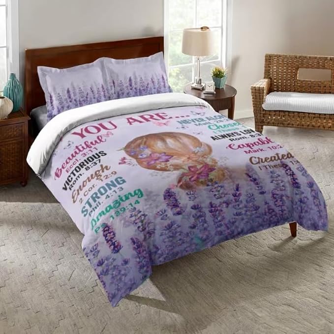Girls Purple Comforter Sets Queen Size for Girls, Pretty Blonde Girls Love Purple Floral Quilt Bedding Sets for girls Bed in A Bag Comforter Set with 2 Pillowcases - LeafyLoom