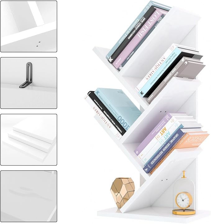 YMYNY 4 Tier Tree Bookshelf, Small Bookcase, Modern Wood Book Storage Rack, Freestanding Book shelf for Books/Movies/CDs, Narrow Display Rack for Living Room, Home Office, White UHBC014W - LeafyLoom