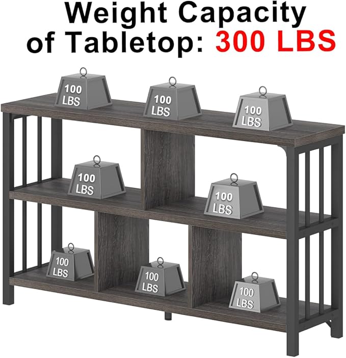 IBF Industrial 5 Cube Storage Organizer Bookshelf, Rustic Low Horizontal Book Shelf, Metal and Wood Cube Bookcase for Bedroom, Modern Wide Cubby Shelf for Living Room Home Office, Dark Grey Oak, 47 In - LeafyLoom
