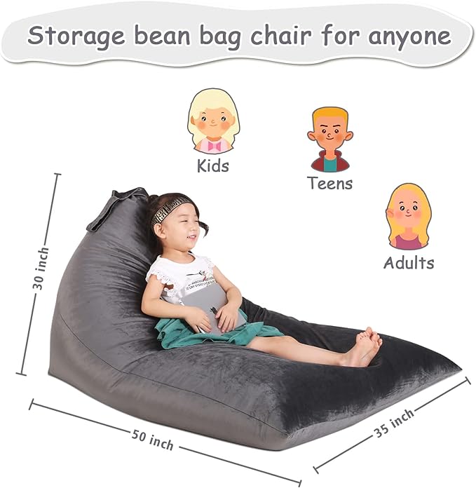 Stuffed Animal Storage Bean Bag Chair for Kids and Adults, Stuffed Animal Bean Bag Storage, Luxury Velvet Stuffie Seat - COVER ONLY(Dark Grey 200L/52 Gal) - LeafyLoom