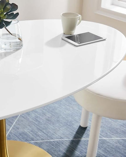 Modway Lippa 60" Oval-Shaped Mid-Century Modern Dining Table with White Wood Top and Gold Base - LeafyLoom