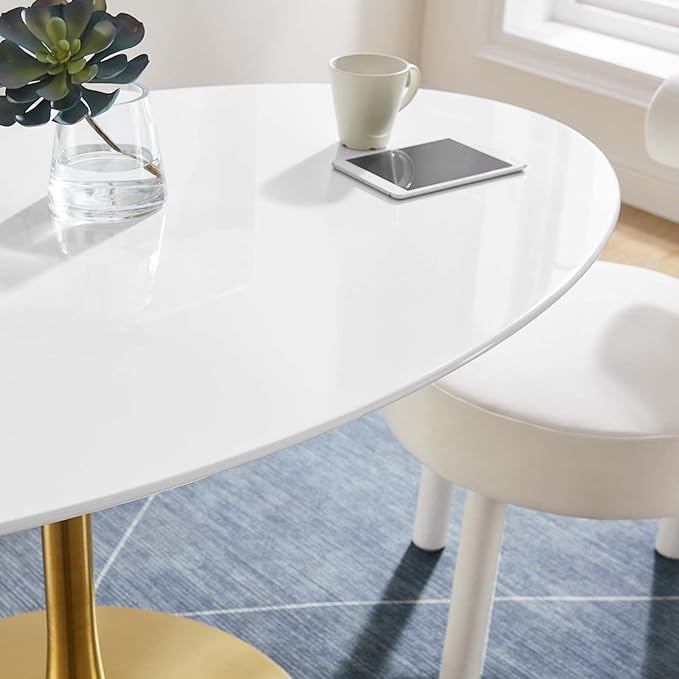 Modway Lippa 60" Oval-Shaped Mid-Century Modern Dining Table with White Wood Top and Gold Base - LeafyLoom