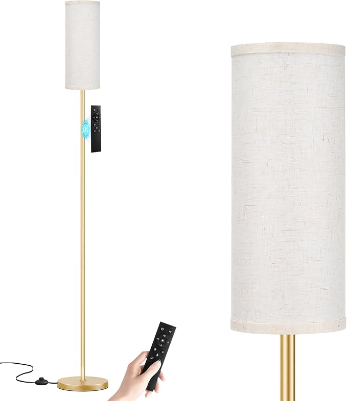 Ambimall 64'' Floor Lamps for Living Room with Remote Control and Stepless Dimmable Colors Temperature & Brightness, 9W Bulb Included(Beige Lampshade & Gold Pole) - LeafyLoom