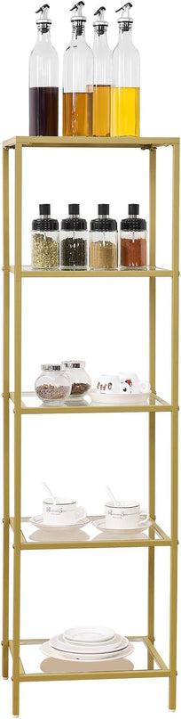 5-Tier Bookshelf,Metal Bookcase,Tempered Glass Shelves,Storage Rack Shelf for Home Office,Living Room,Bedroom, Bathroom,Modern Style,Golden - LeafyLoom