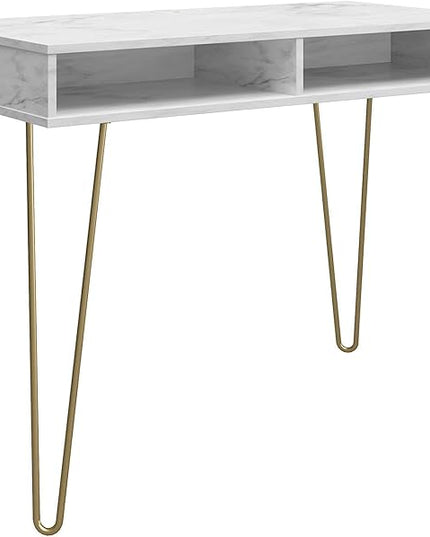 Novogratz Athena Computer Desk with Storage, White Marble - LeafyLoom