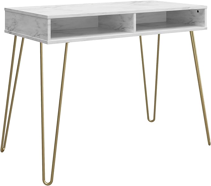 Novogratz Athena Computer Desk with Storage, White Marble - LeafyLoom